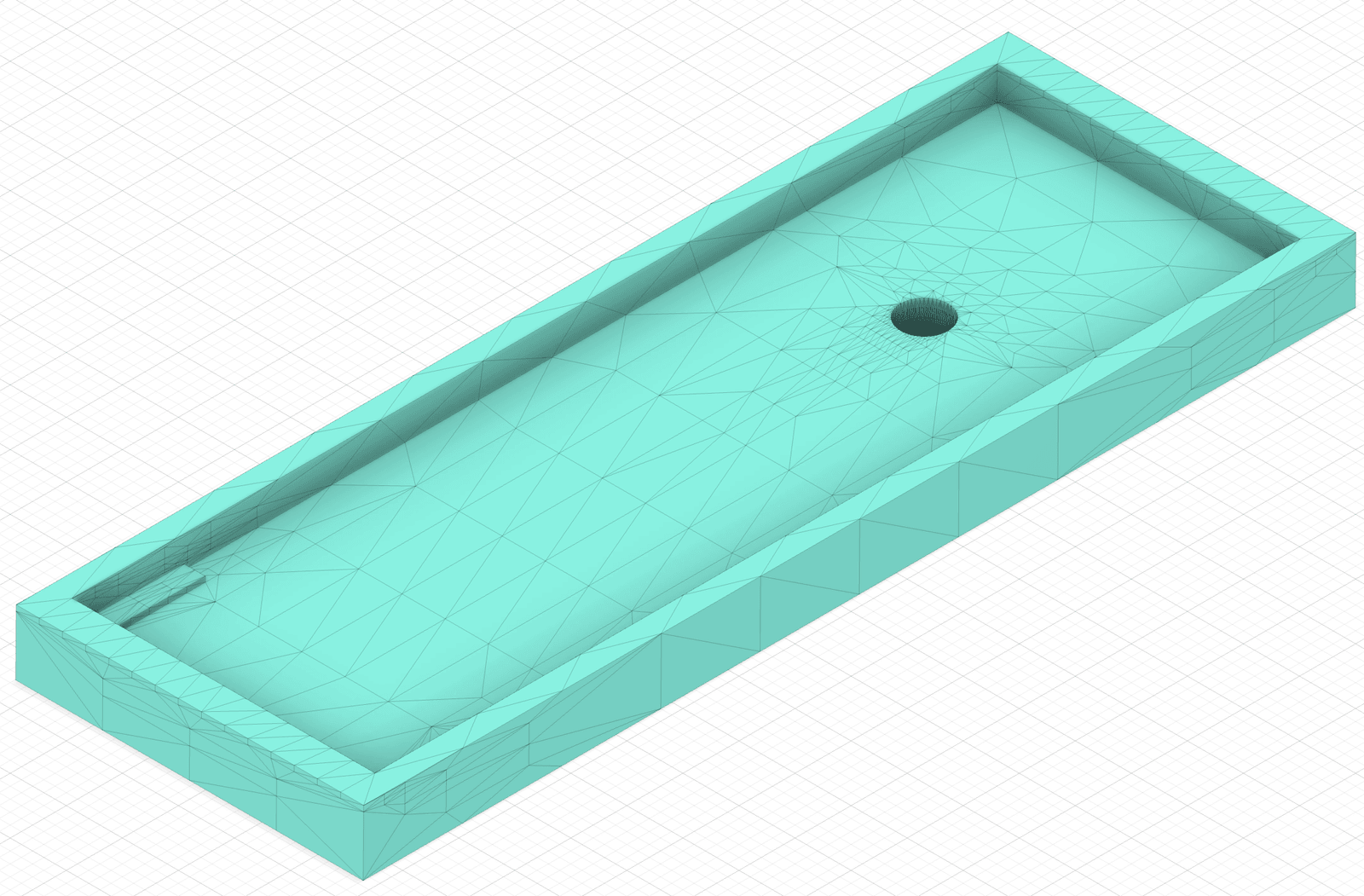 CAD rendering of the wedge filter as a shallow teal tray with one port